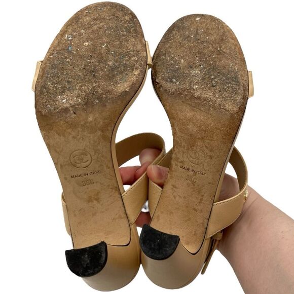 Chanel Beige Leather Open Toe Chain Heeled Slingback Sandals - Picture 7 of 9